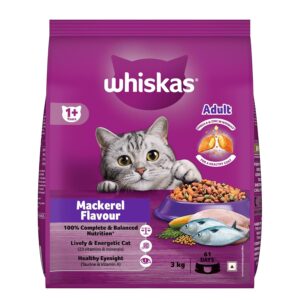 whiskas adult (1+ years) dry cat food, mackerel flavour, 3 kg, contains 41 essential nutrients, complete & balanced nutrition for adult cats
