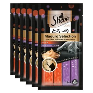 sheba melty premium lickable creamy cat treats, maguro selection – tuna & tuna & prawn flavors, 6 packs x 48g (288g), creamy treats for bonding