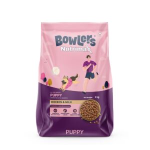 bowlers nutrimax puppy dry dog food | chicken & milk |3 kg | smooth digestion & healthy coat | promote healthy growth | strong bones & muscle development