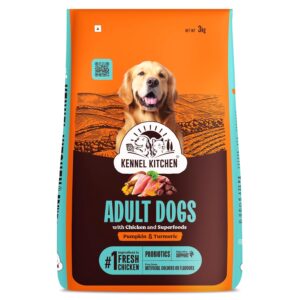kennel kitchen dry dog food adult 3 kg | fresh chicken with superfoods – pumpkin & turmeric | probiotics for digestive support | no artificial colors